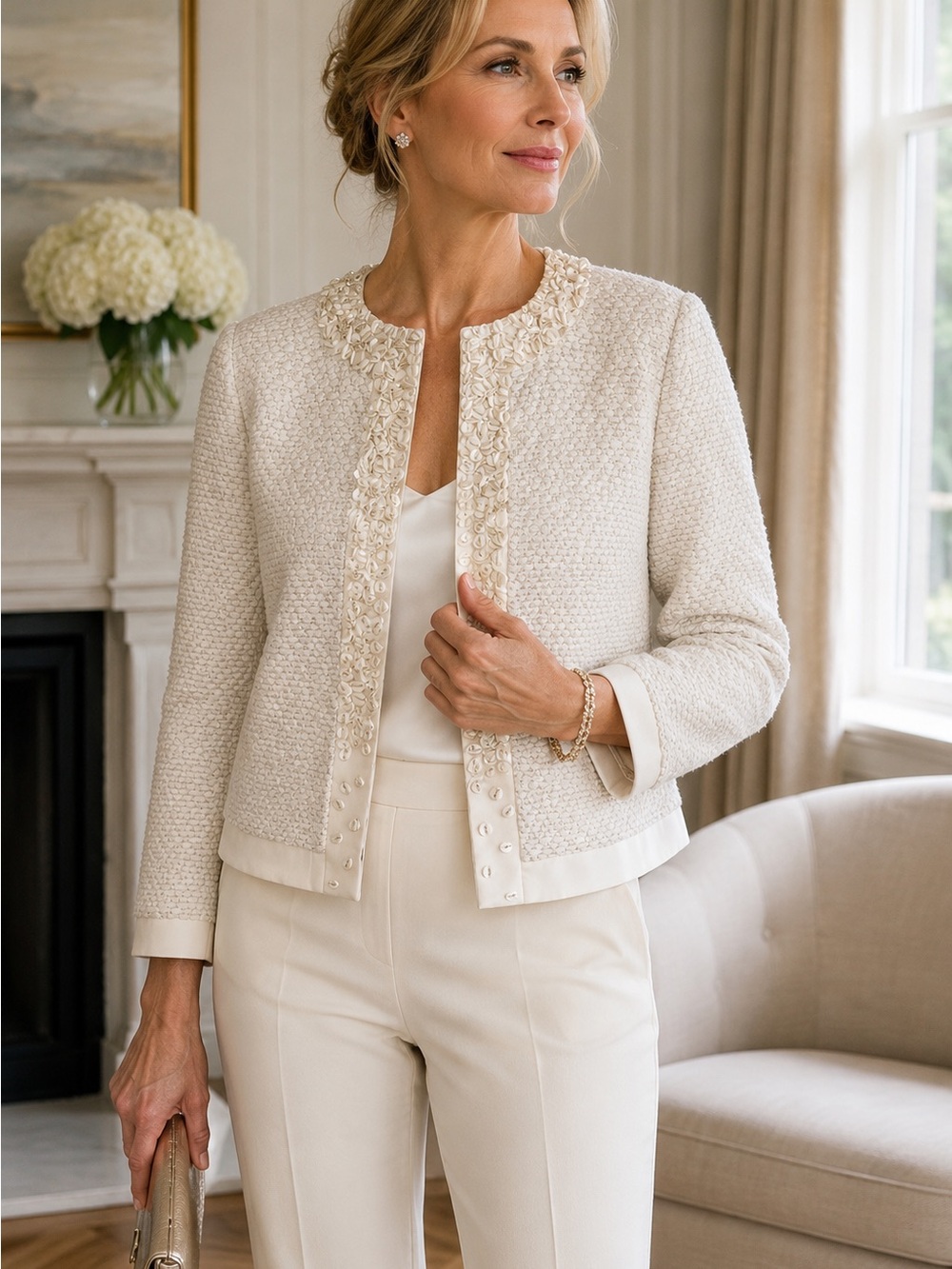 St. John Cream Bouclé Embellished Collar Jacket